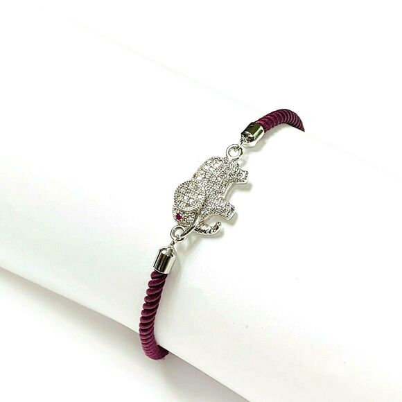 Pavé CZ Elephant Bracelet Red Eye Rhodium Plated Silvertone Adjustable Red Cord - Picture 2 of 16